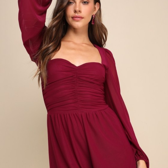 Lulus Playful Perfection Plum Purple Mesh Ruched Balloon Sleeve Romper - Size XS - Picture 1 of 1